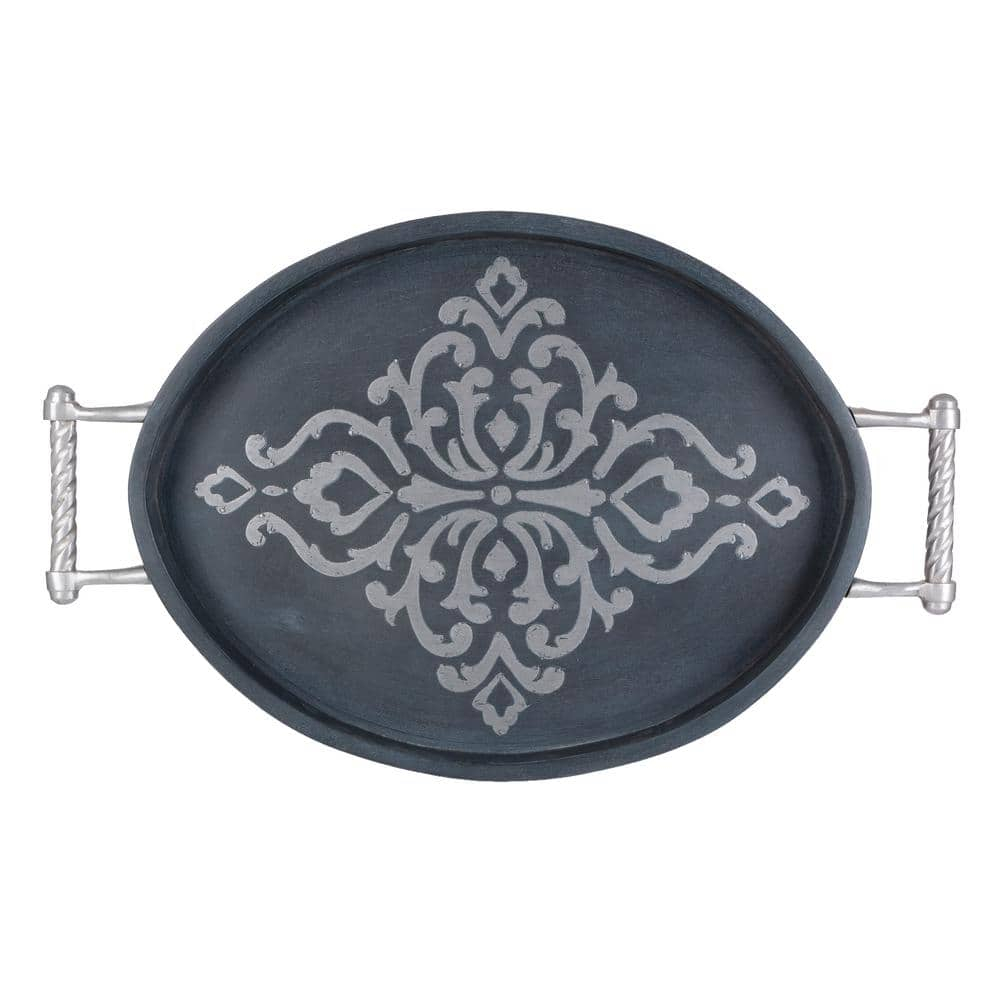 Gerson Gray-washed metal-inlay oval tray with handles