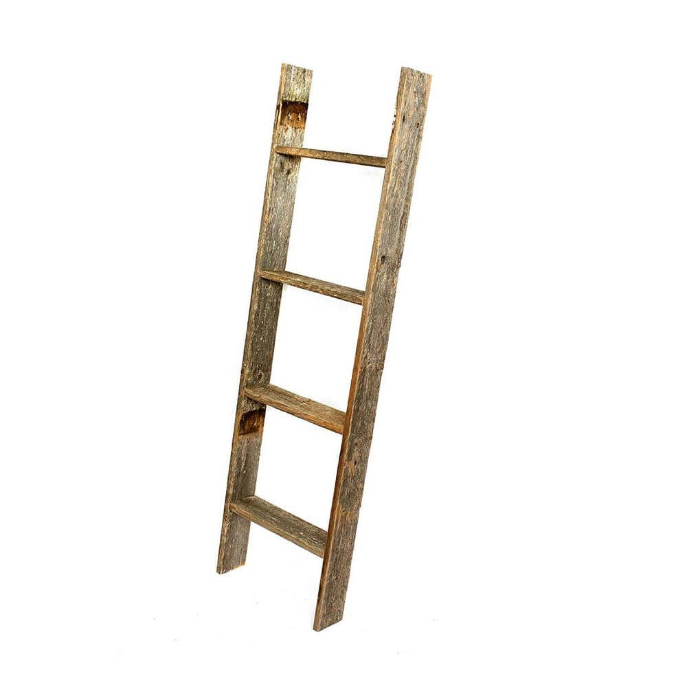 Weathered Gray 4ft Reclaimed Wood Decorative Ladder Shelf