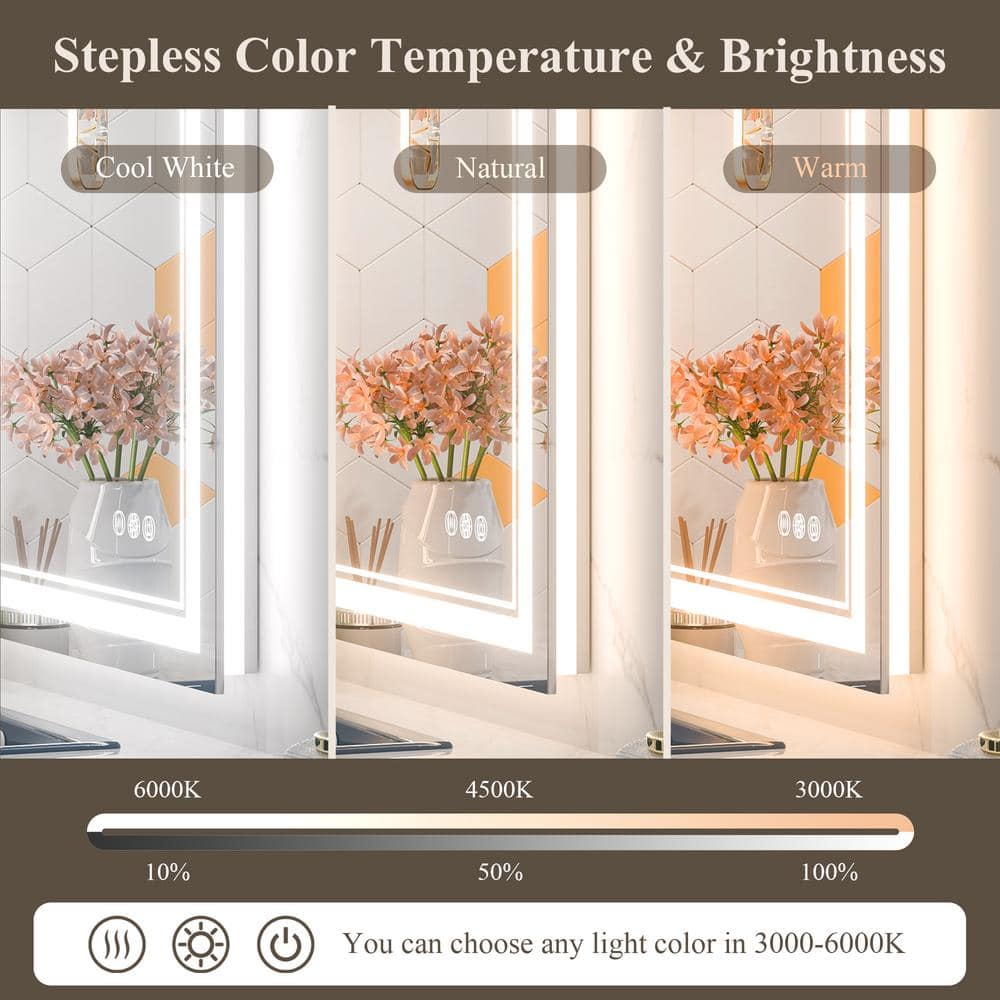 Keonjinn LED Bathroom Mirror 48" x 24" with Frontlit and Backlit, Stepless 3 Colors Temperature & Dimmable Wall Mirror, Tempered Glass, UL Listed LED Driver, Double LED Strips Lighted Vanity Mirror