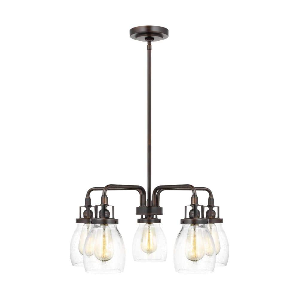 Bronze Five-Light Chandelier with Clear Seeded Glass Shades