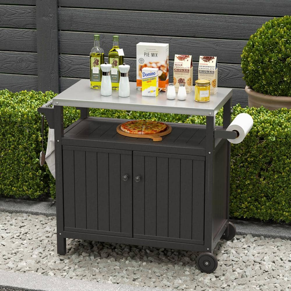 Outdoor Grilling Table with Storage,,Waterproof Outdoor Grill Cabinet,Stainless Steel Tabletop Outdoor Kitchen Island,BBQ Cart with Wheels,Hooks and Side Shelf
