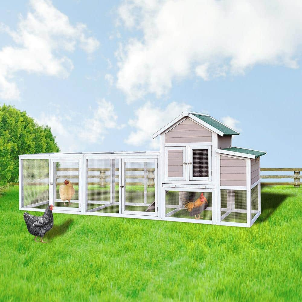 122 in. Large Gray Wood Chicken Coop Hen House Pet Rabbit Hutch Wooden Pet Cage Backyard with Nesting Box