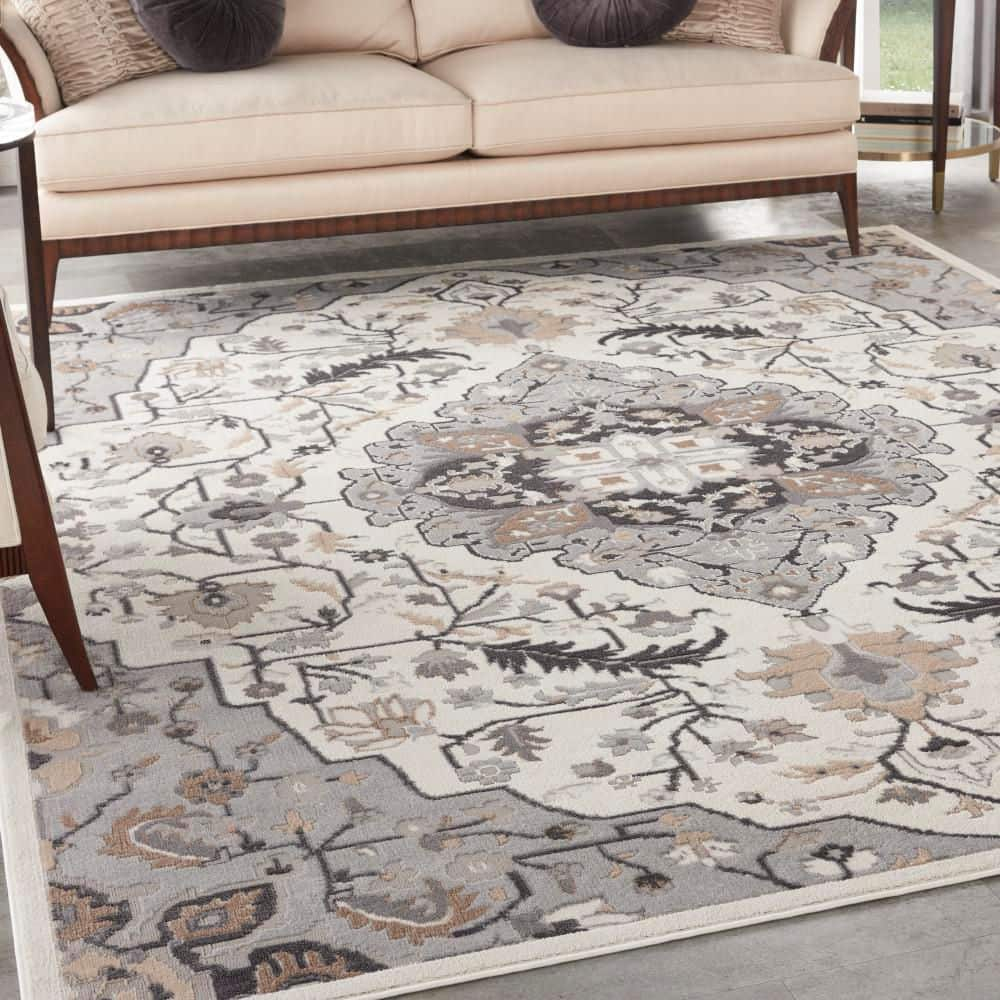 Elation Ivory Grey 8 ft. x 10 ft. Center Medallion Traditional Area Rug