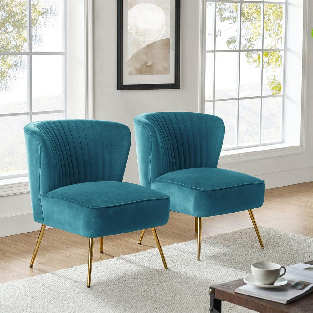 Velvet Accent Chair Set of 2 Upholstered Adult Side Chairs Gold Leg Home Bedroom Blue