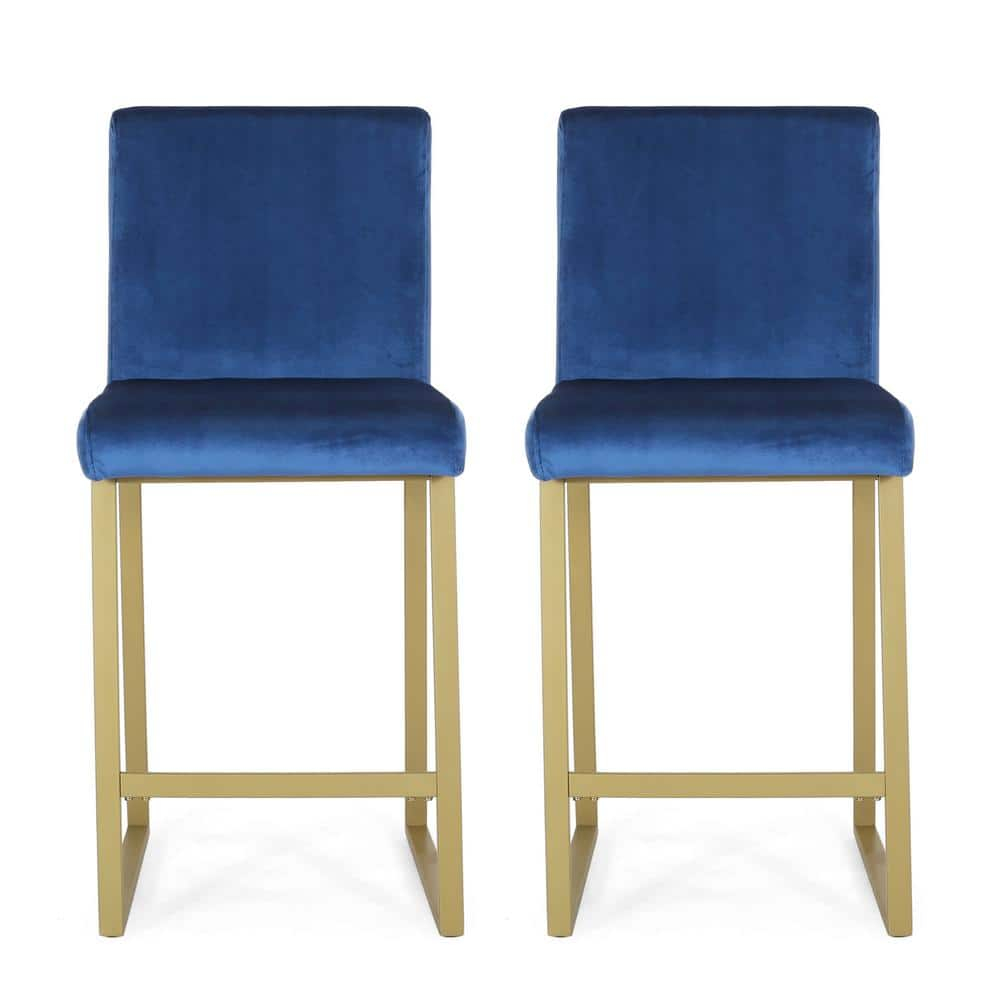 Noble House Korey Indoor Modern Velvet Barstools, Set of 2, Navy Blue