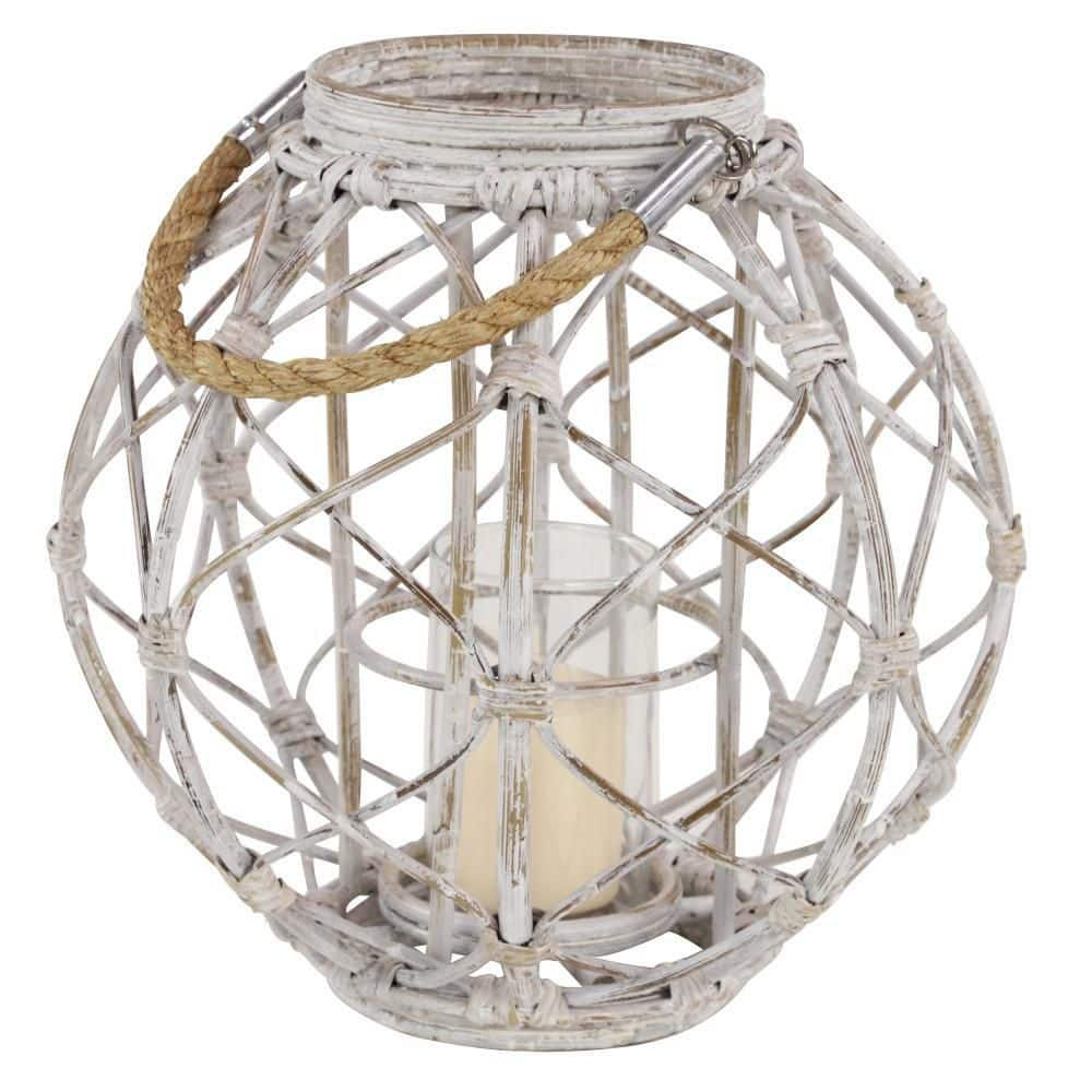 Decmode Large Round Woven Rattan White Lantern with Burlap Jute Rope Handle and Glass Insert, 15” x 15”