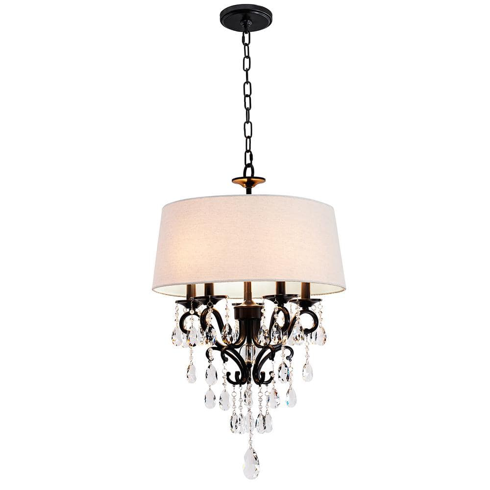 18 in. 5-Light Blackened Bronze Crystal Chandelier with Fabric Shade