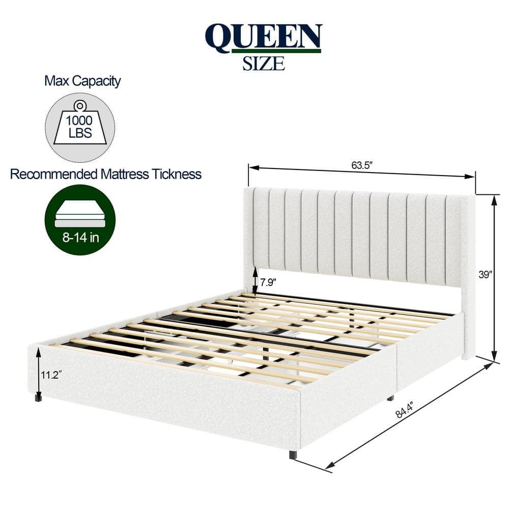 imerelez Anda Queen Size Ivory Boucle Upholstered Platform Bed with Patented 4 Drawers Storage, Tufted Headboard, Wooden Slat Mattress Support, No Box Spring Needed