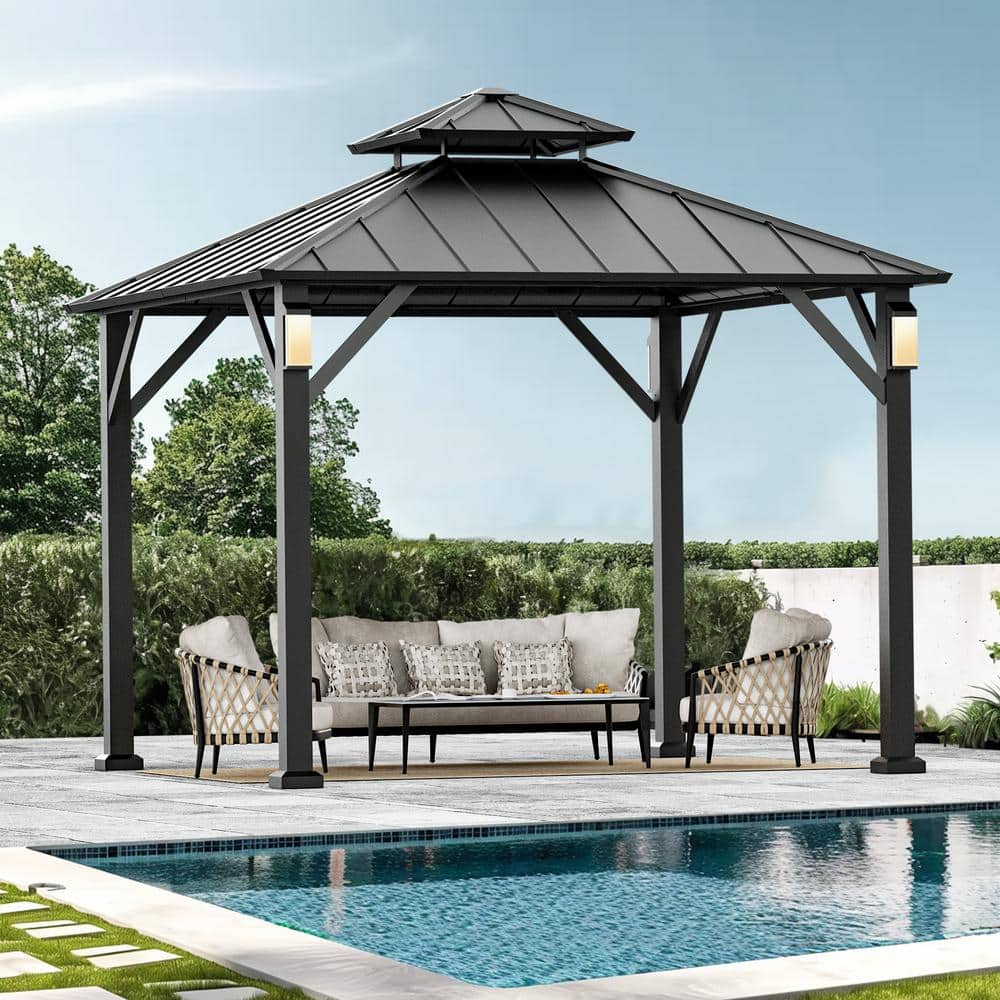 10’ x 10’ Hardtop Metal Gazebo with Modern Shade, Featuring 4 LED Lights, Outdoor Pavilion with Galvanized Steel Roof and Frame, Ideal Patio Gazebo for Backyard, Deck, Garden, and Lawn
