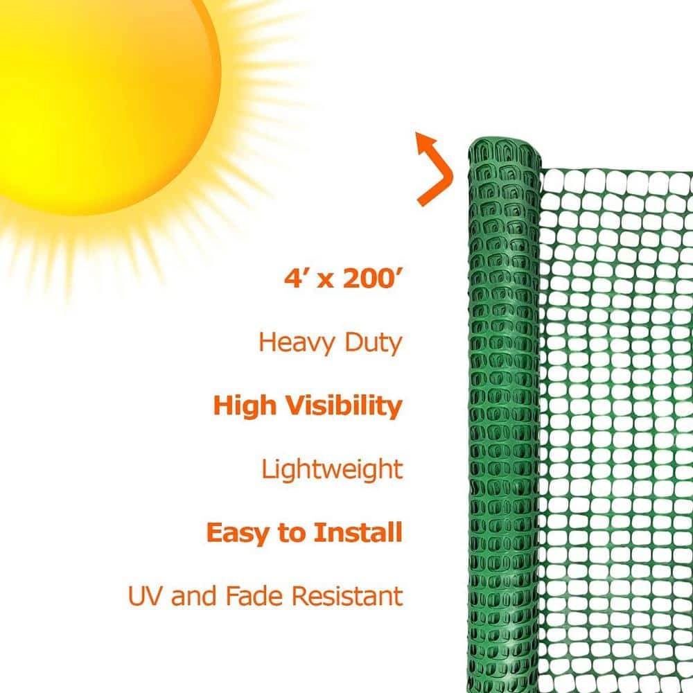 4 ft. x 200 ft., Plastic Mesh Fence 1 Green Roll Barrier Netting, Garden Fencing, 4 ft. Tall and 200 ft. L