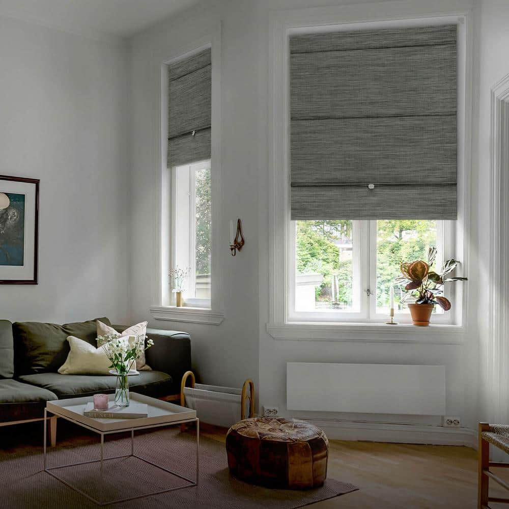 Iron No Drill Cordless 99.99% Blackout Natural Woven Magnetic Roman Shades, 35 in. W x 65 in. L