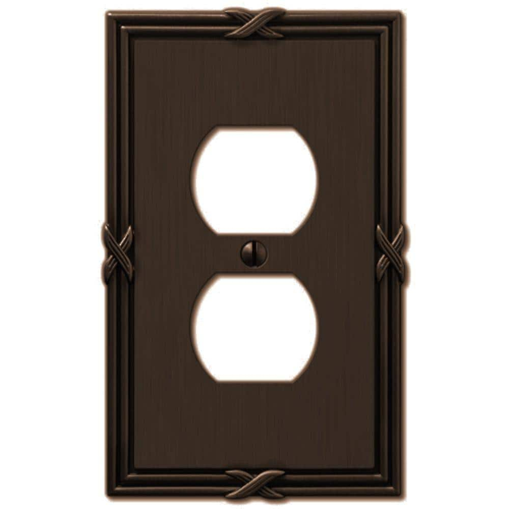 Amerelle Ribbon and Reed Single Duplex Cast Metal Wallplate in Aged Bronze