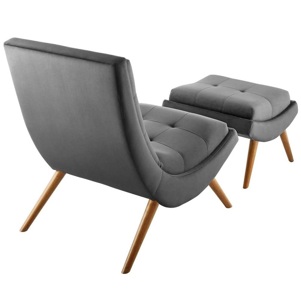 Modway Ramp Performance Velvet Lounge Chair and Ottoman Set in Gray