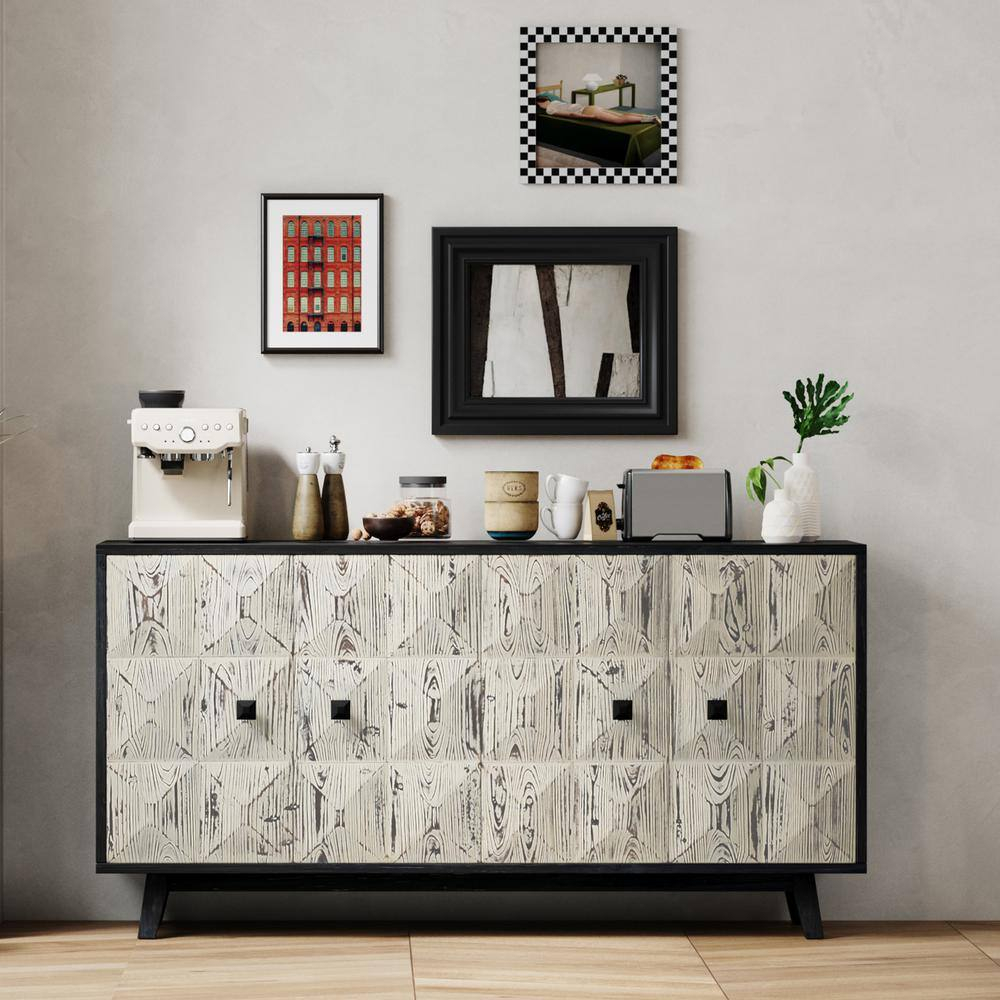 59.84 in. Black and White Elm Wood Vintage Sideboard Cabinet