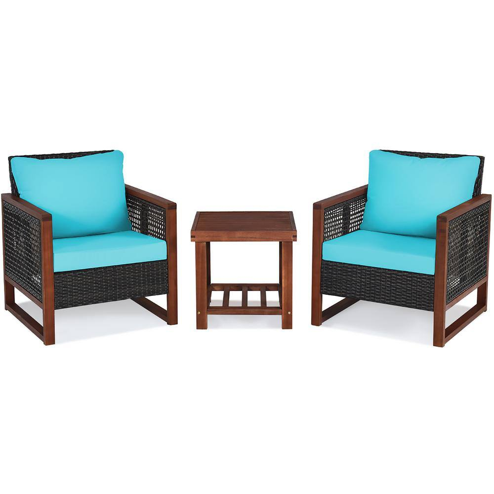 Patiojoy 3PCS Patio Rattan Bistro Set Acacia Wood Frame Sofa and Side Table Turquoise Cushions