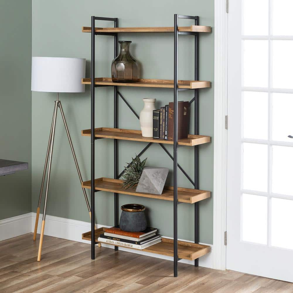 68" Urban Pipe Bookcase with 5 wood Shelves in Barnwood brown