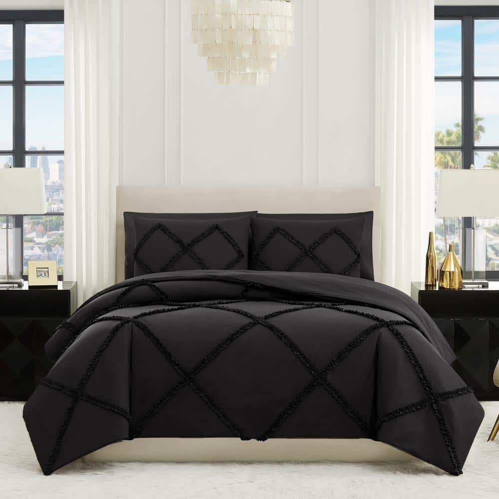 Full Black Microfiber Diamond Ruffle Reversible Comforter Set