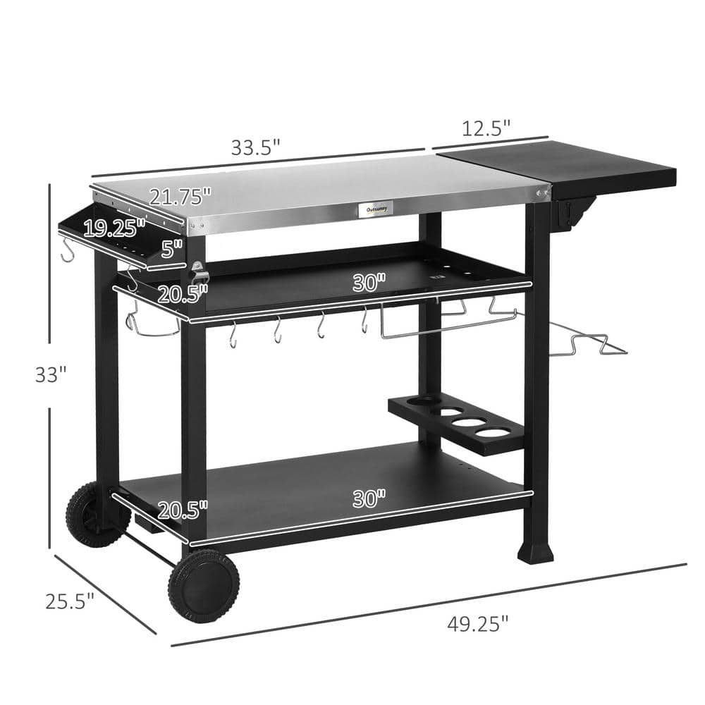 Outdoor Grill Cart with Foldable Side Table, 46" x 21.75" Multifunctional Stainless Steel Pizza Oven Stand with Three-Shelf, Movable Food Prep Table on Wheels, Black