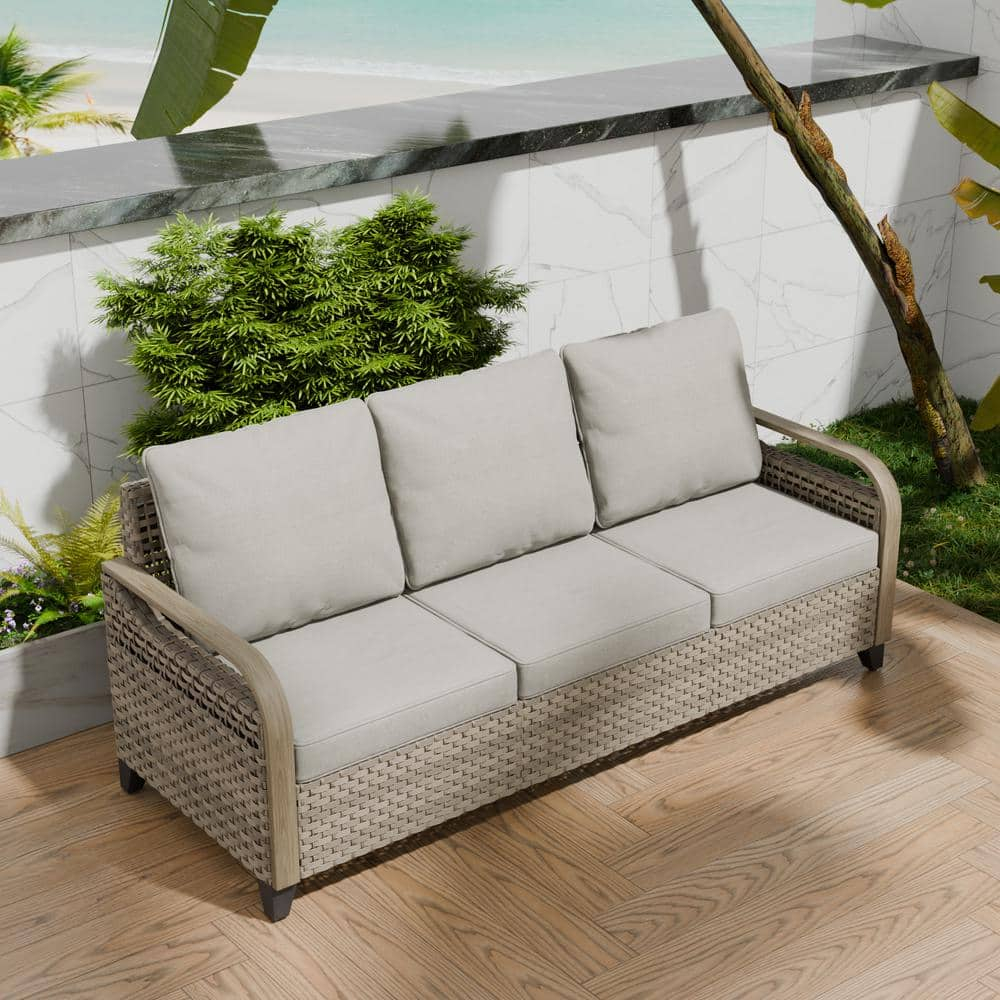 INTER HUT Modern Wicker Patio Sofa, Rattan Outdoor Couch Sofa, 3 Seat Couch, Brown/Gray