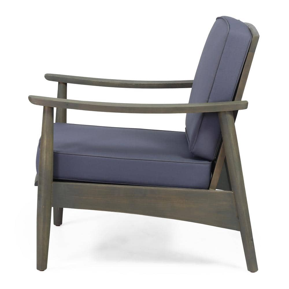 Greta Acacia Wood Outdoor Club Chair with Dark Gray Cushion, Set of 2, Black