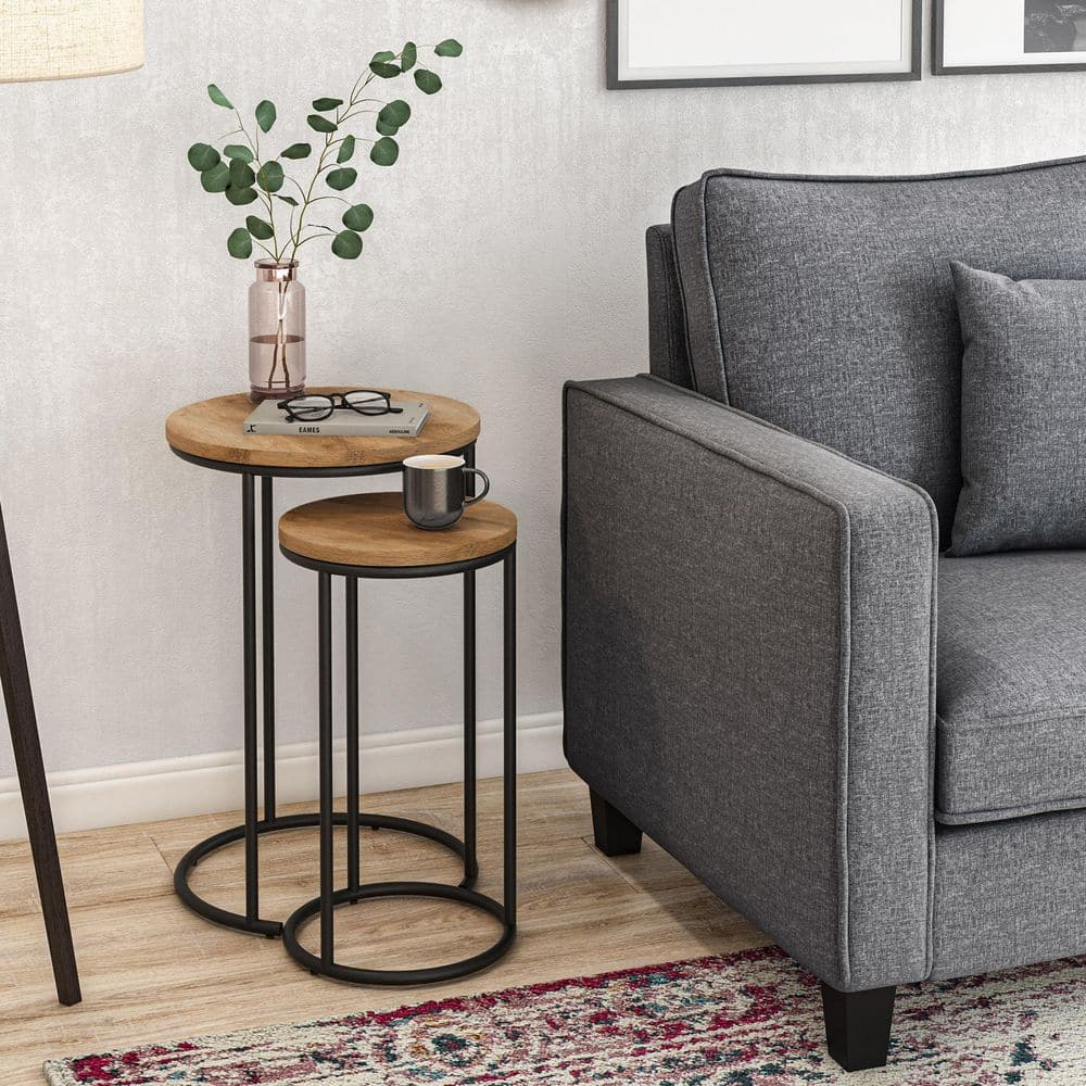 CorLiving Fort Worth Light Brown Faux Wood Grain Finish Engineered Wood Round Tall Nesting Side Tables with Black Steel Base