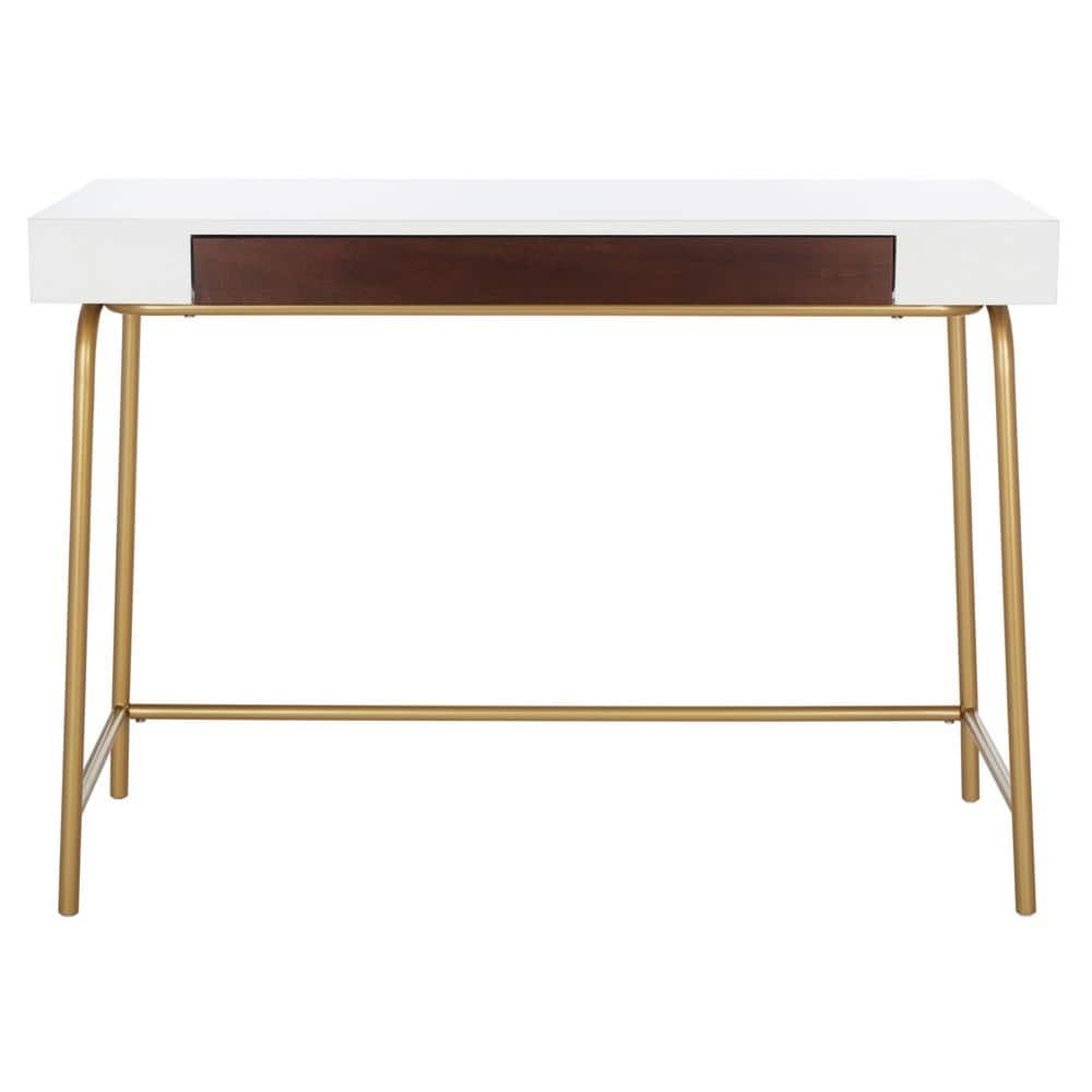 SAFAVIEH Nola Wood 1-Drawer Writing Desk, White/Brown/Gold