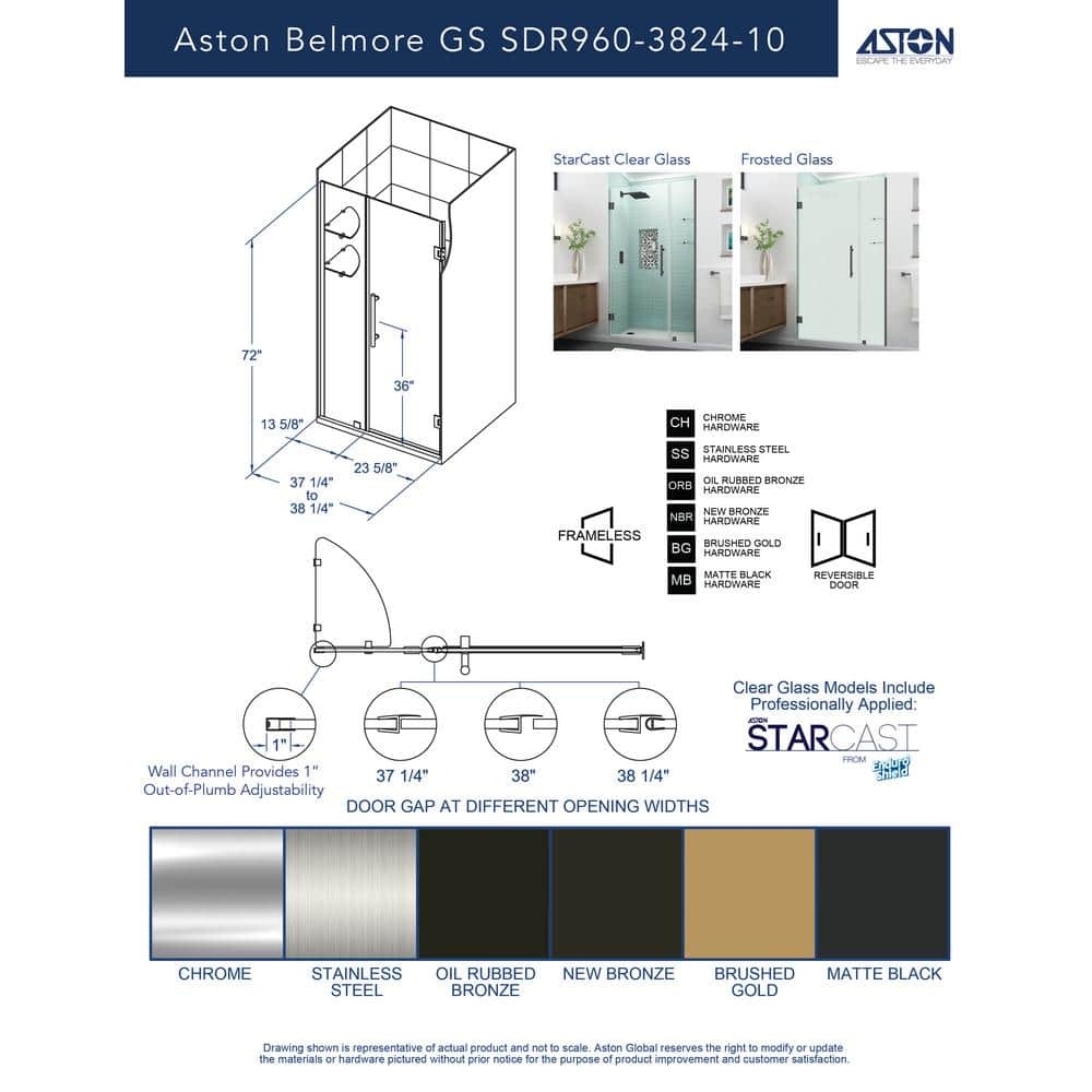 Aston Sdr960ez-3824-10 Belmore Gs 72" High X 38" Wide Hinged Frameless Shower Door -