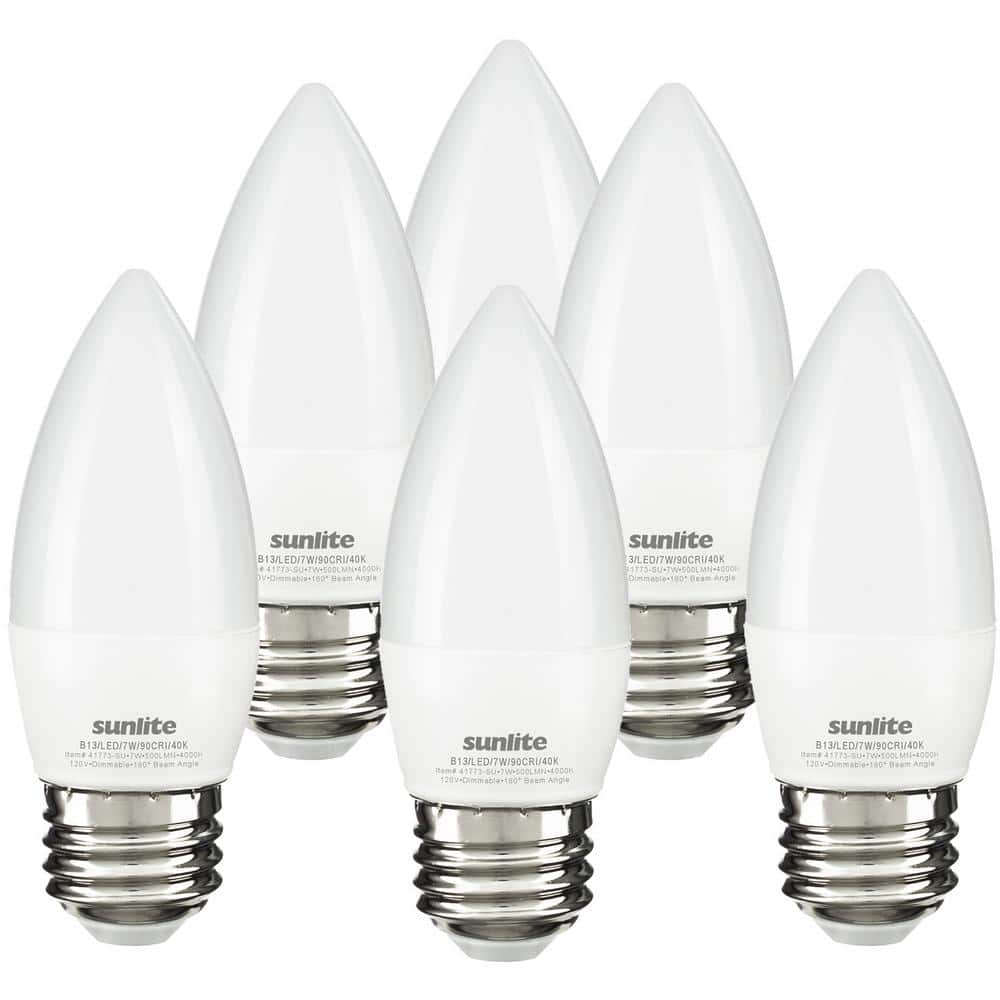 Sunlite LED B13 Decorative Chandelier Light Bulb, 7 Watts (60W=), 500 Lumens, 120 Volts, Dimmable, E26 Base,  90 CRI, ETL Listed, Torpedo Frosted, Title-20, 4000K Cool White, 6 Pack