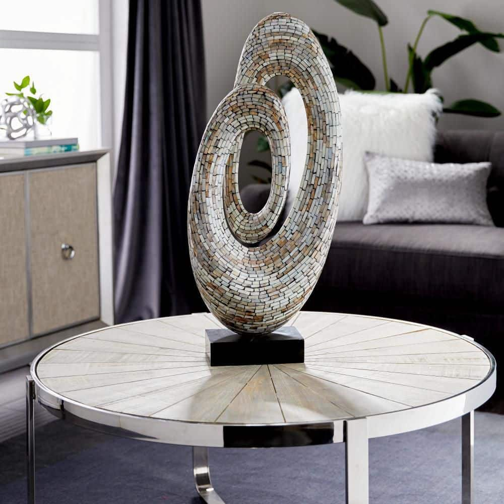 12" x 29" Gray Mother of Pearl Swirl Abstract Sculpture with Black Base, by DecMode