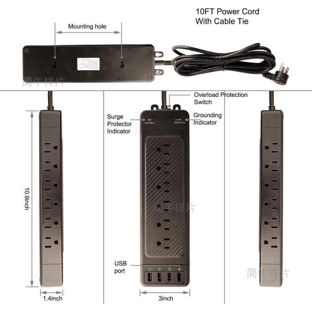 Surge Protector Power Strip 10 ft Cord Heavy Duty High Joules Surge Protection (4800J),18AC,4 USB Ports (2A+2C PD20W Total 37W),1875W 15A,for Commercial,Industrial,Office,Home,College,Black