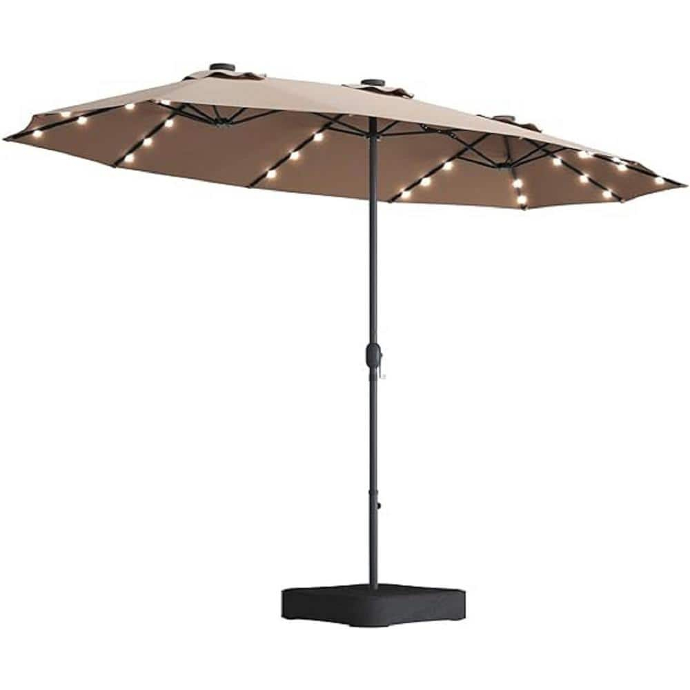 15 ft. Taupe Steel Double-Sided Market Patio Umbrella with Lights