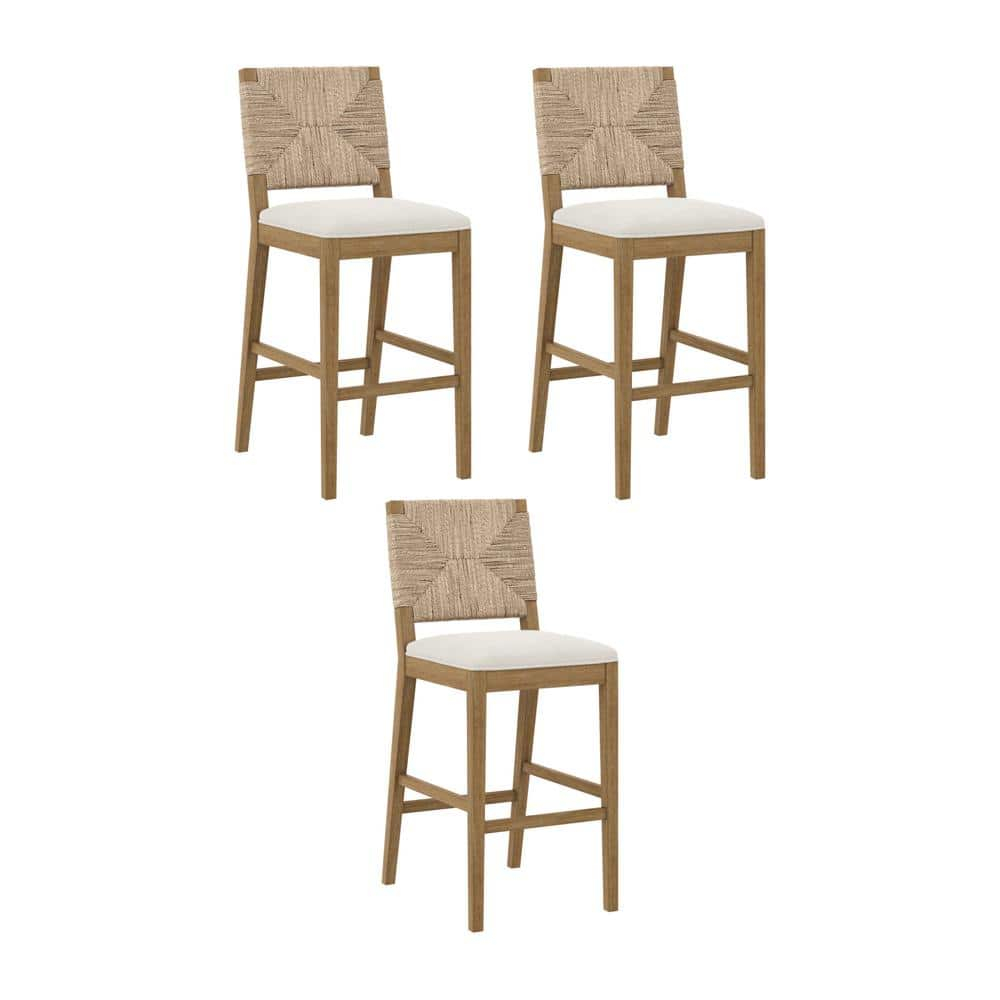 Cream Boucle and Seagrass Bar Stools with Light Brown Wood Frame, Set of 3