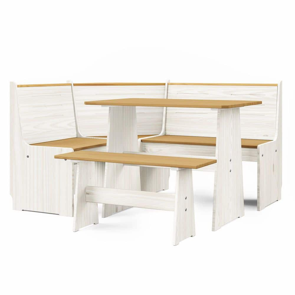 Breakfast Nook Corner Dining Table Kitchen Bench Chair Set, Space-Saving 3-5 People Seat Reversible L-Shape for Family Home White Wood