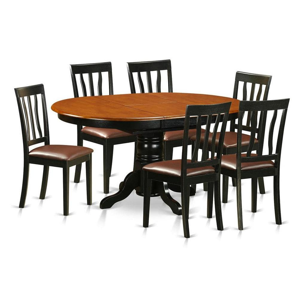 East West Furniture Avon 7-piece Wood Dining Set w/ Leather Seat in Black/Cherry