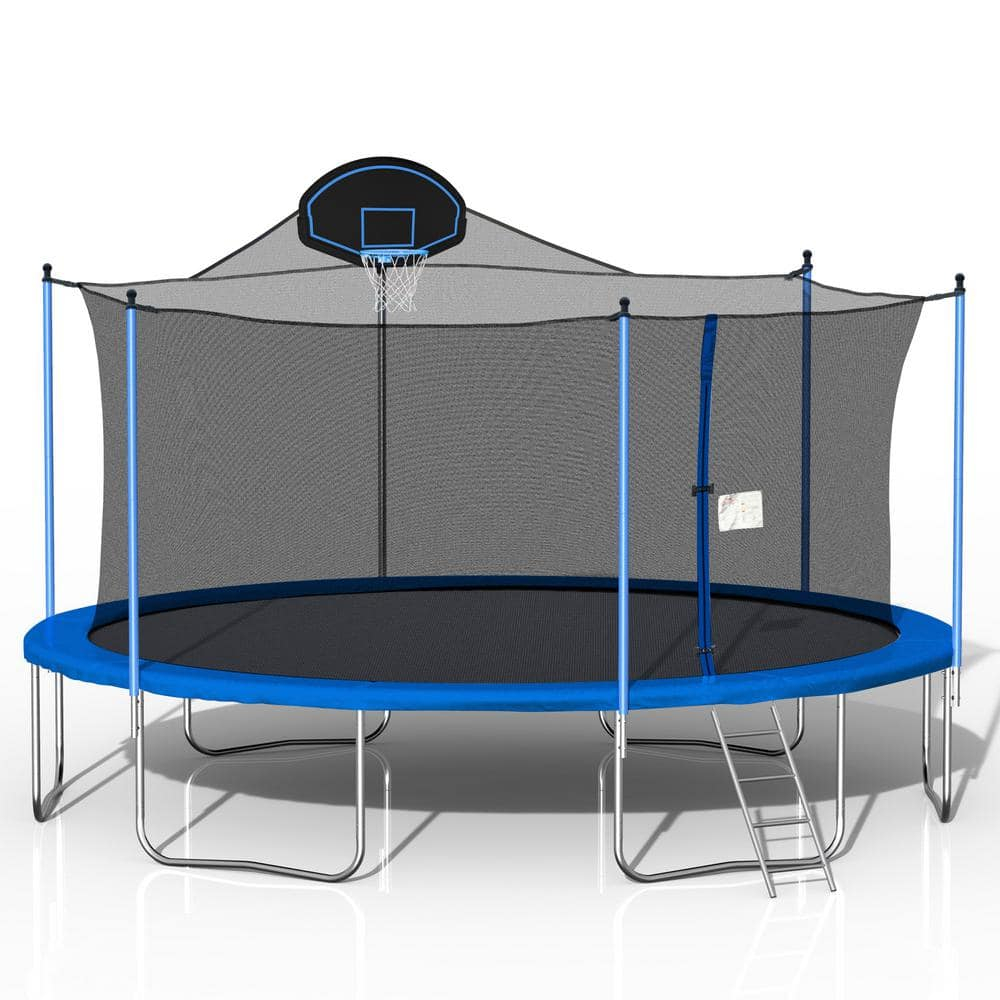 16 ft Blue Round Trampoline with Basketball Hoop and Safety Enclosure