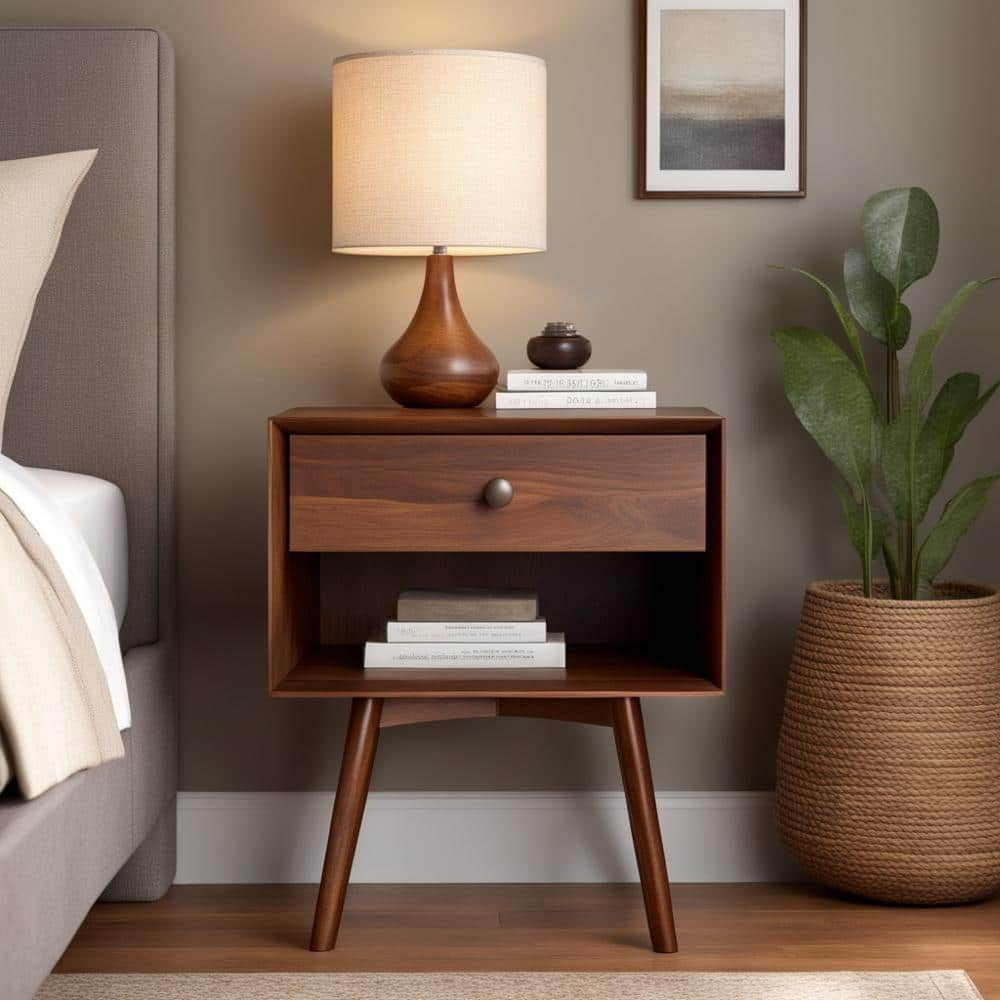 Mid-Century Modern Single-Drawer Solid Wood Nightstand - Walnut