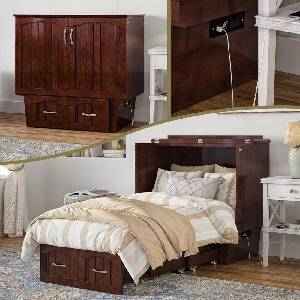 AFI Nantucket Twin Solid Wood Murphy Bed Chest with Mattress, Drawer & Charger, Walnut