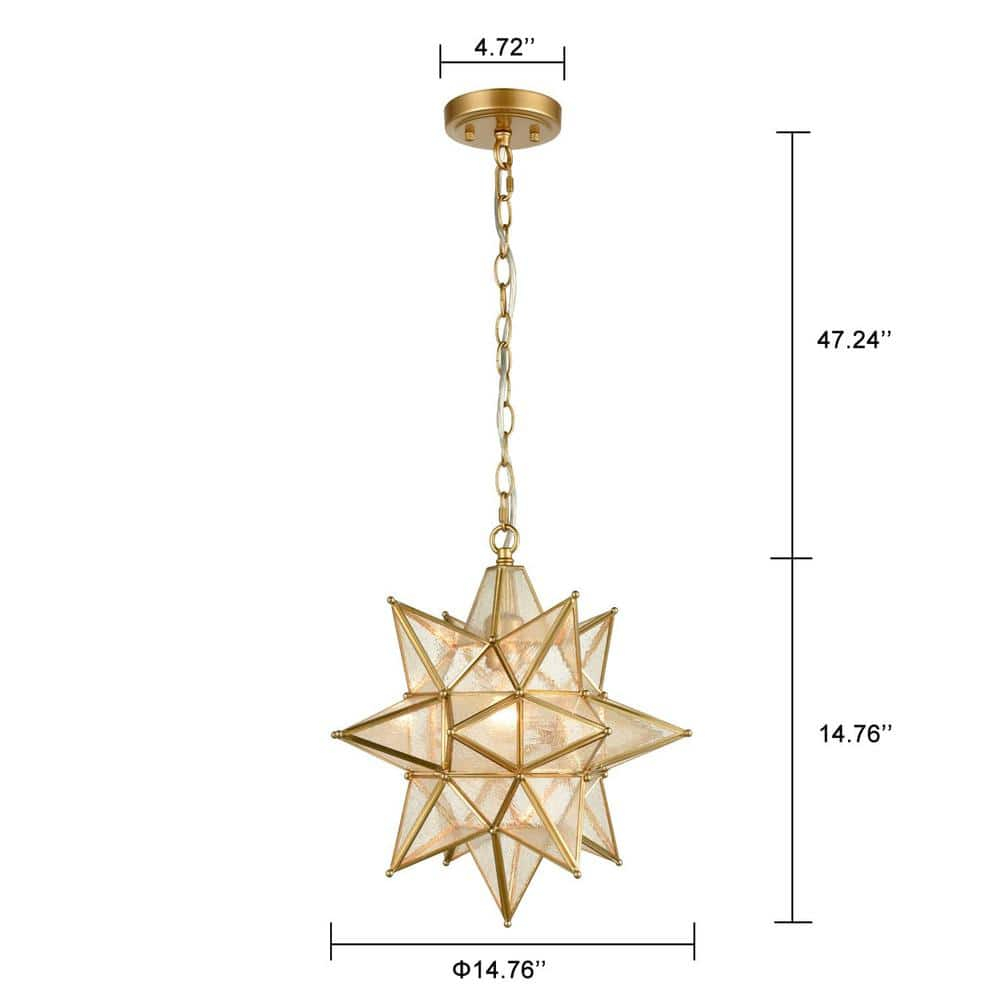 Moravian Star Pendant Chandelier Seeded Glass Gold Light 15 Inches