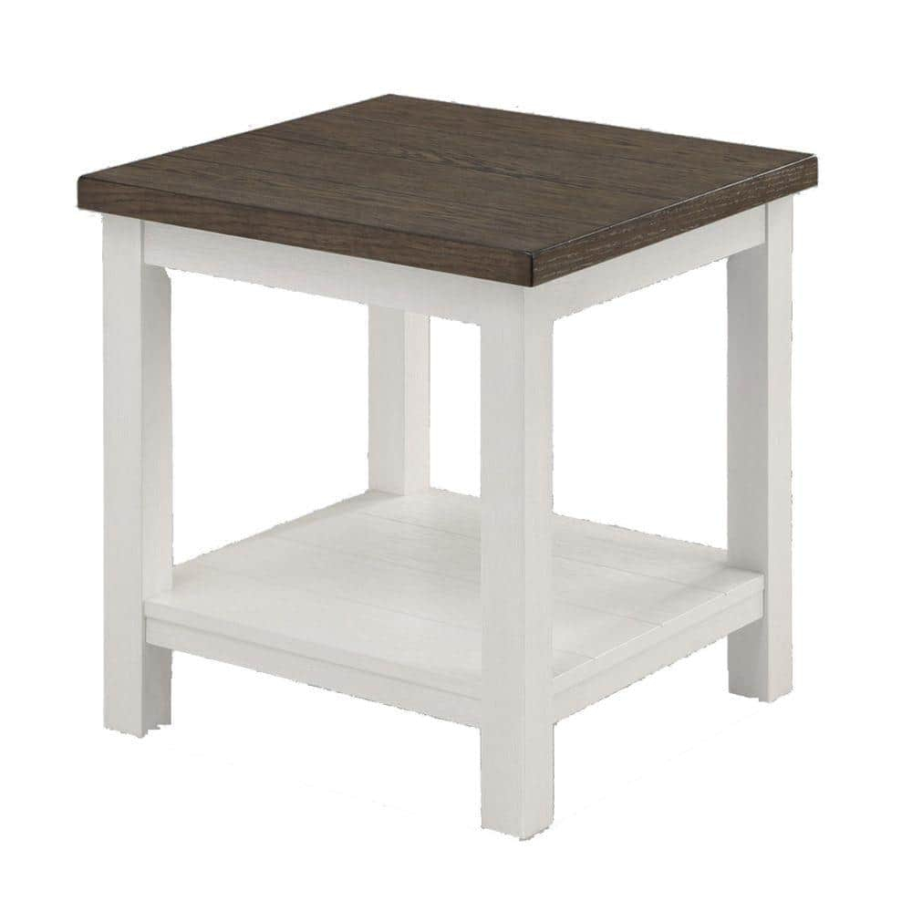 Mon 24 Inch Square End Table, Open Bottom Shelf, Brown Top, White Frame- Saltoro Sherpi