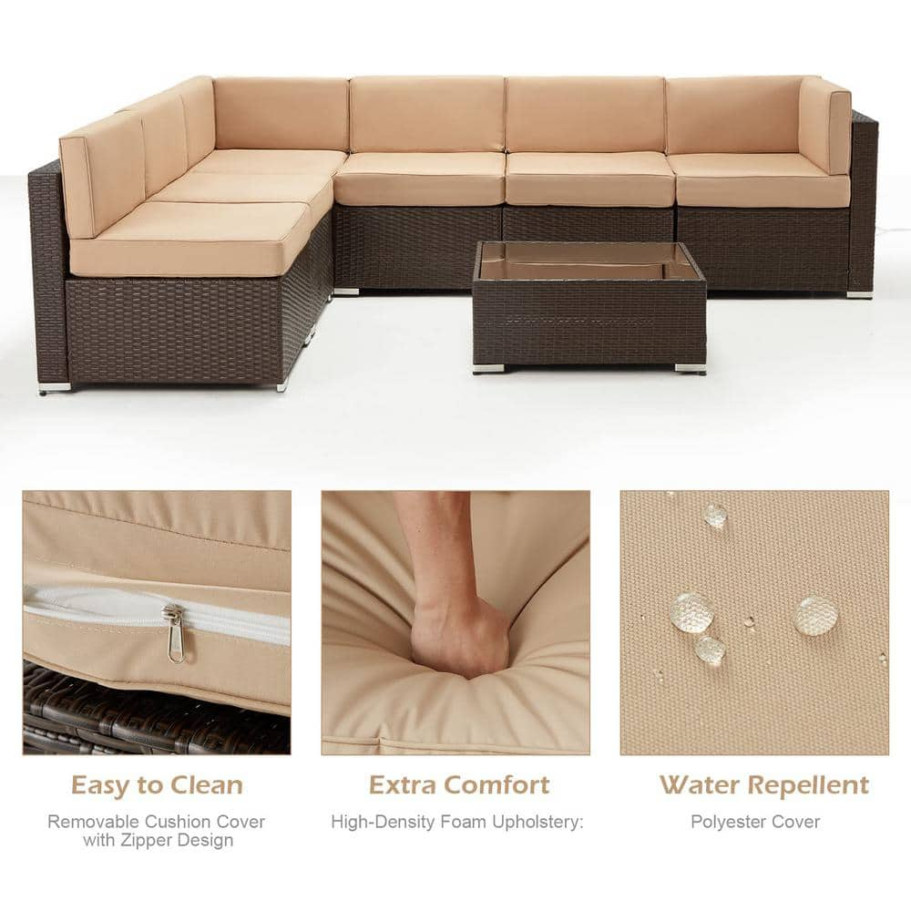 U-MAX 7 Piece Outdoor Patio Furniture Set, PE Rattan Wicker Sofa Set, Outdoor Sectional Furniture Chair Set with Cushions and Tea Table, Brown