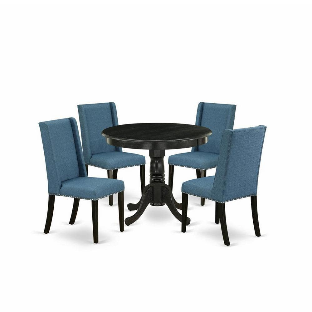 East West Furniture Antique 5-piece Wood Dining Set in Black/Mineral Blue