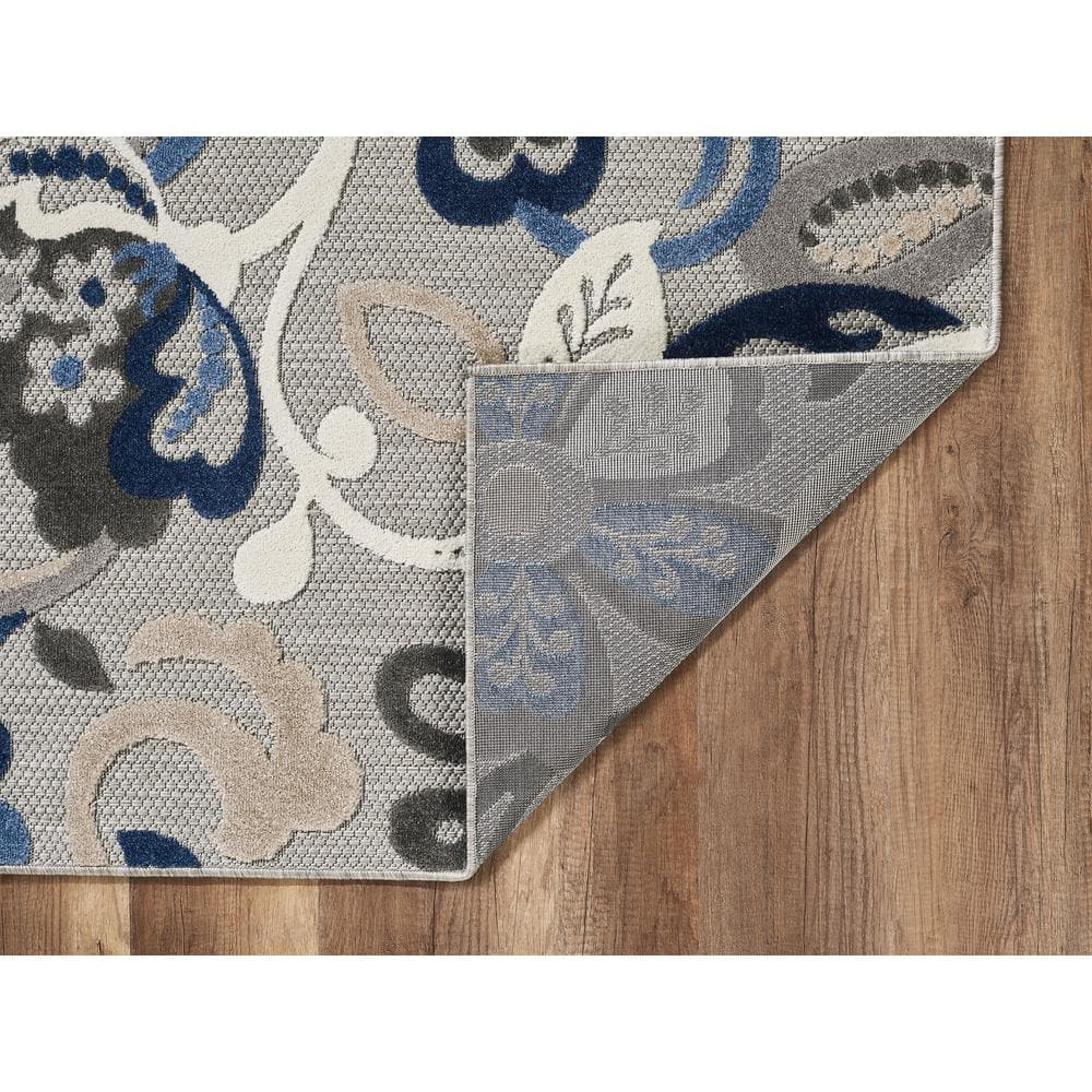 Medium Blue and Gray Synthetic Stain-Resistant Rectangular Rug