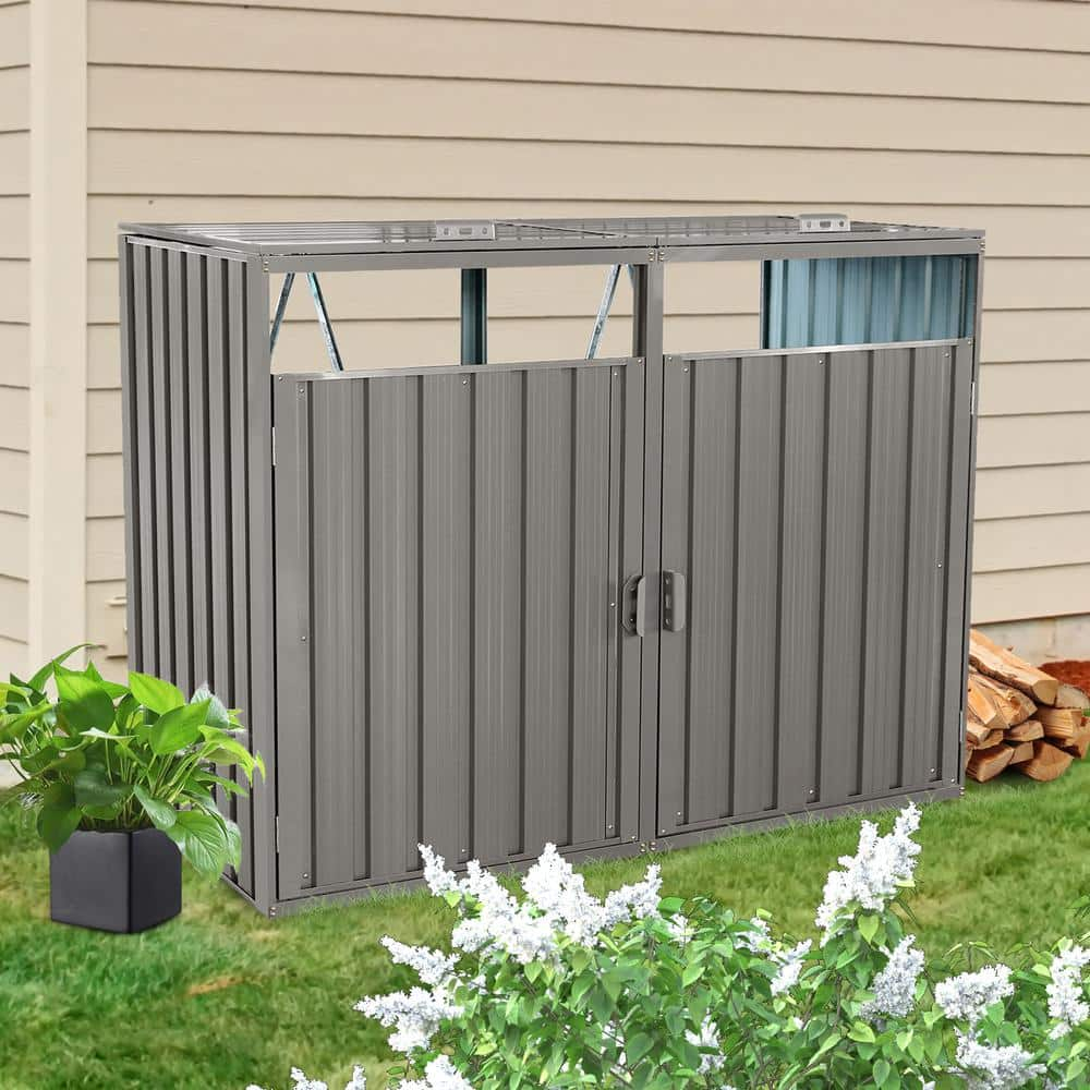 Garbage Bin Shed Metal Outdoor Bin Shed for Garbage Storage, Stores 2-Trash Cans, Bin Shed Grey 13.75 sq. ft.