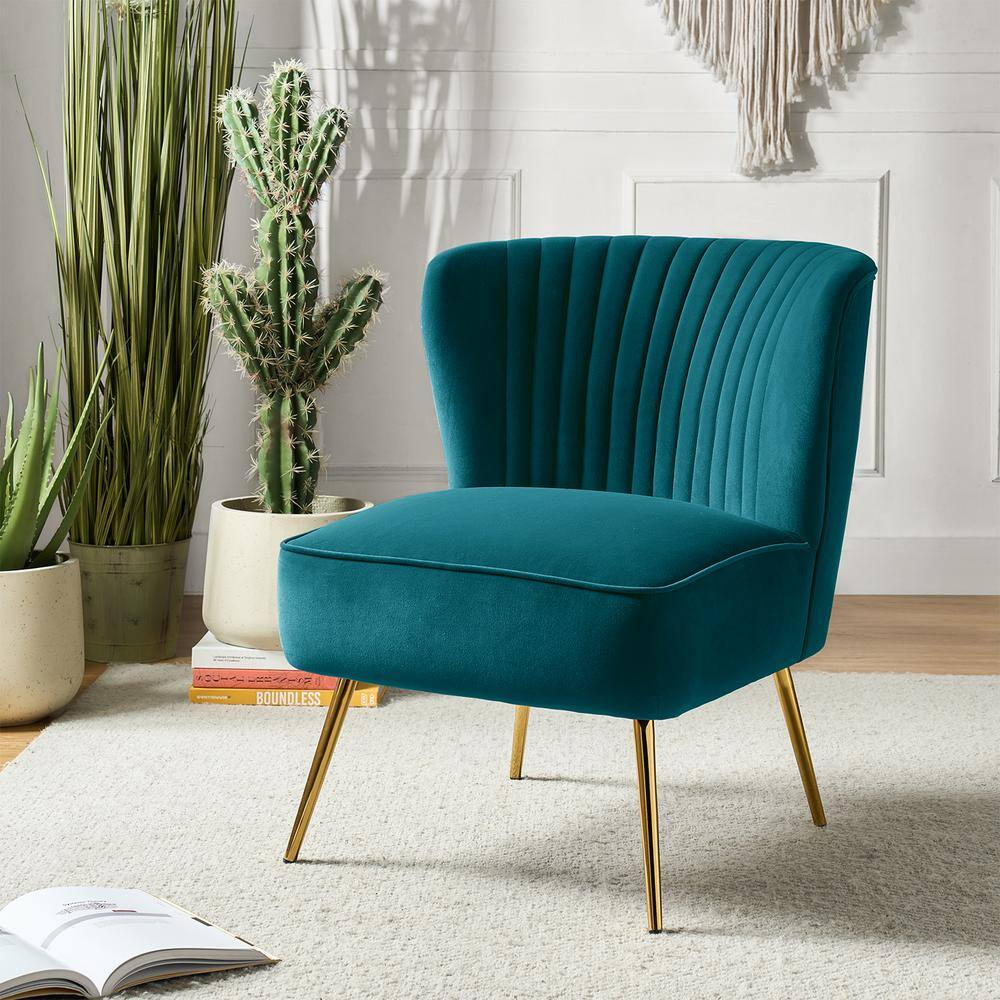 Velvet Upholstered Side Chair Armless Tufted Wingback Metal Legs Dining Living Bedroom Adult Teal