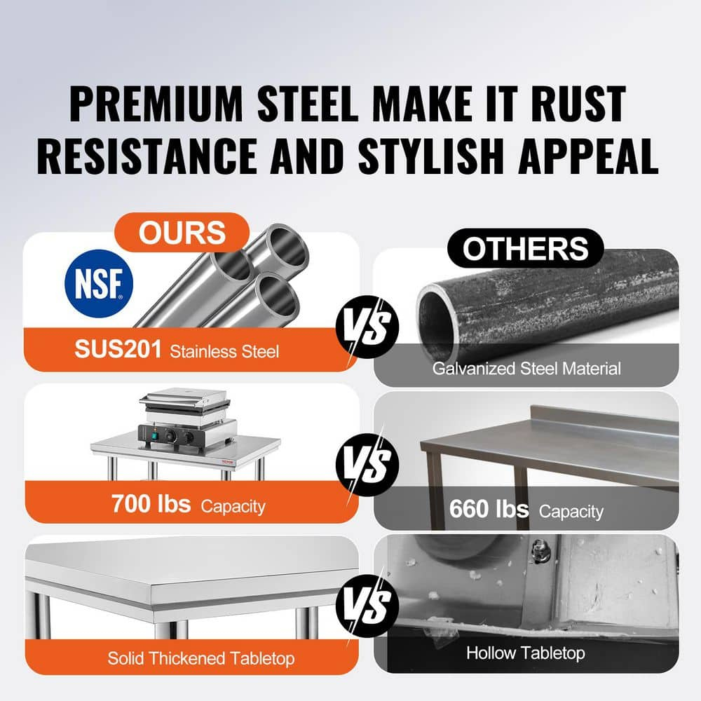 Stainless Steel Prep Table 35 x 24 x 31 in. 700 lbs. Silver Heavy Duty Metal Worktable with 3 Adjustable Height Levels