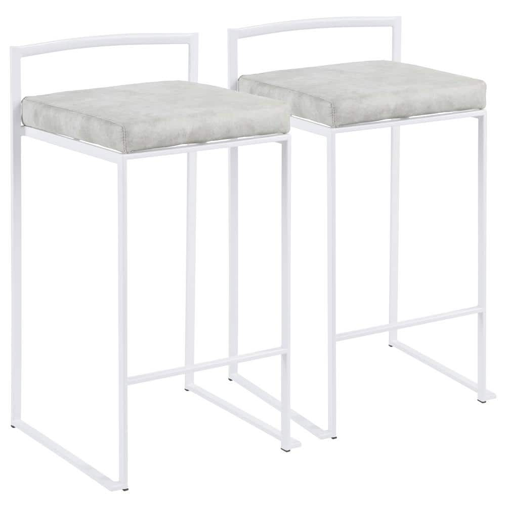 Contemporary Stackable Counter Stool In White With Light Grey Cowboy Fabric Cushion - Set Of 2