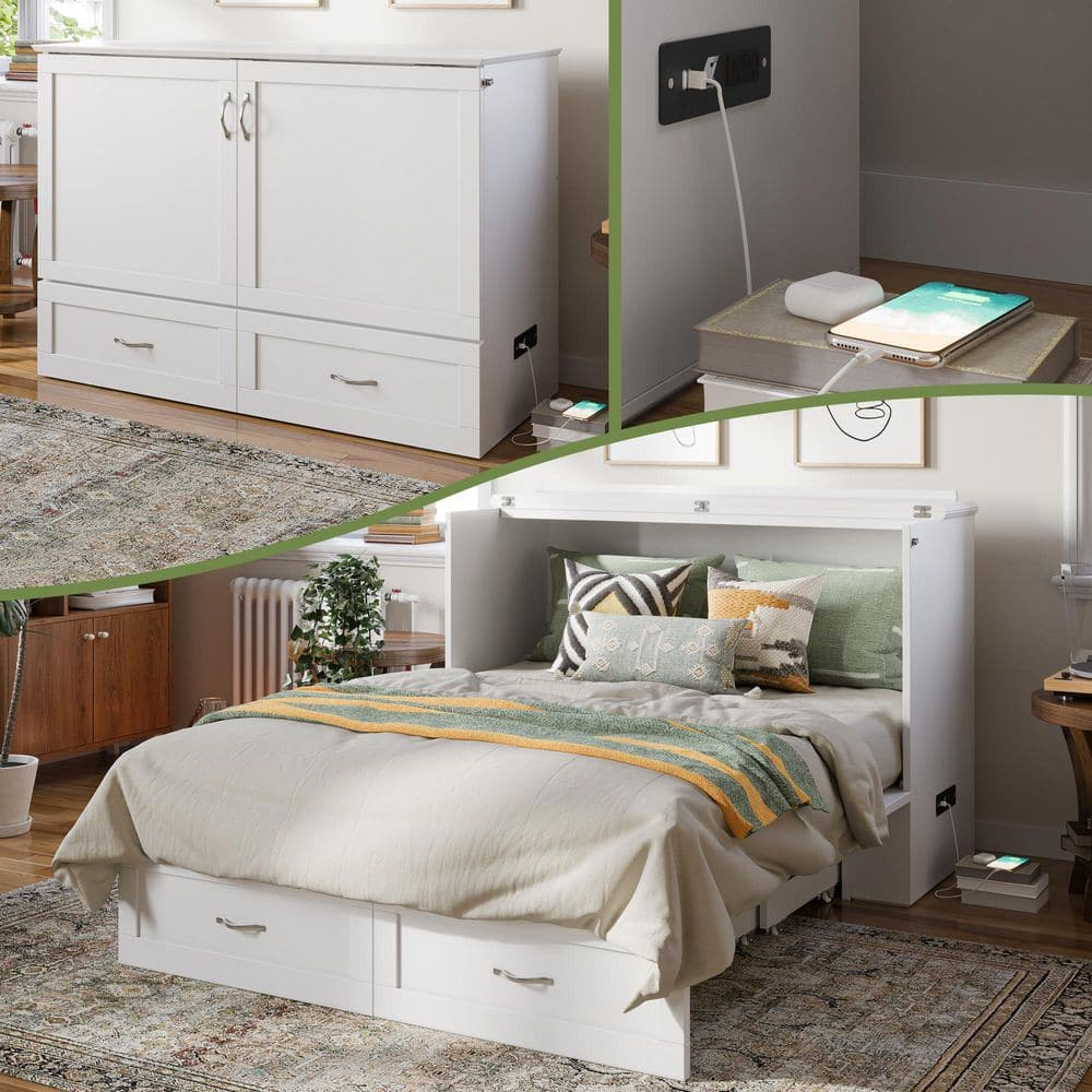 AFI Hamilton Full Solid Wood Murphy Bed Chest with Built-In Charger in White