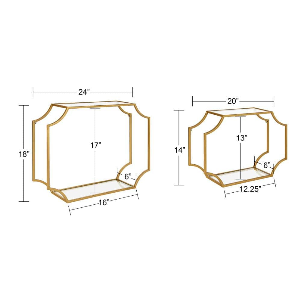 Kate and Laurel Metal Floating Shelves, Set of 2, 6" x 24", Gold