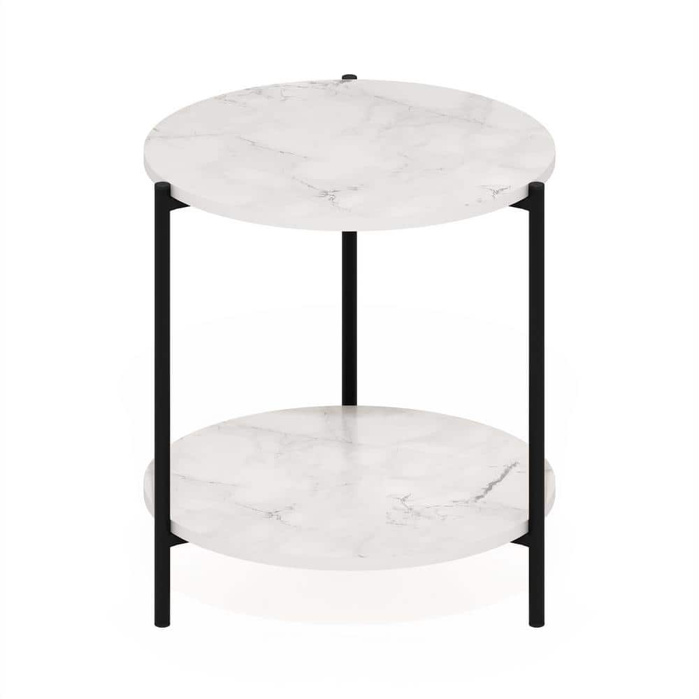 Furinno Besi 2-Tier Modern Round Side End Table with Sturdy Metal Legs, Marble White