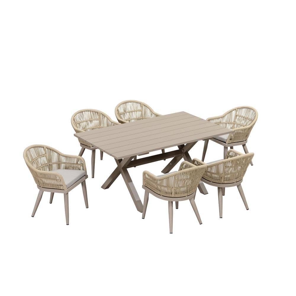 PURPLE LEAF 7 Pieces Patio Dining Set with Outdoor Aluminium Dining Table and Woven Rattan Chairs Modern Metal Furniture Cushions Sets for Garden Yard Indoor Decor Kitchen Champagne